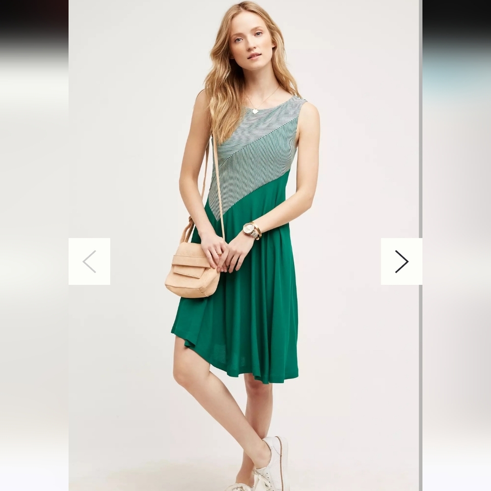 Anthropologie Maeve Green White Cameron Stripe Assymetrical Dress Small